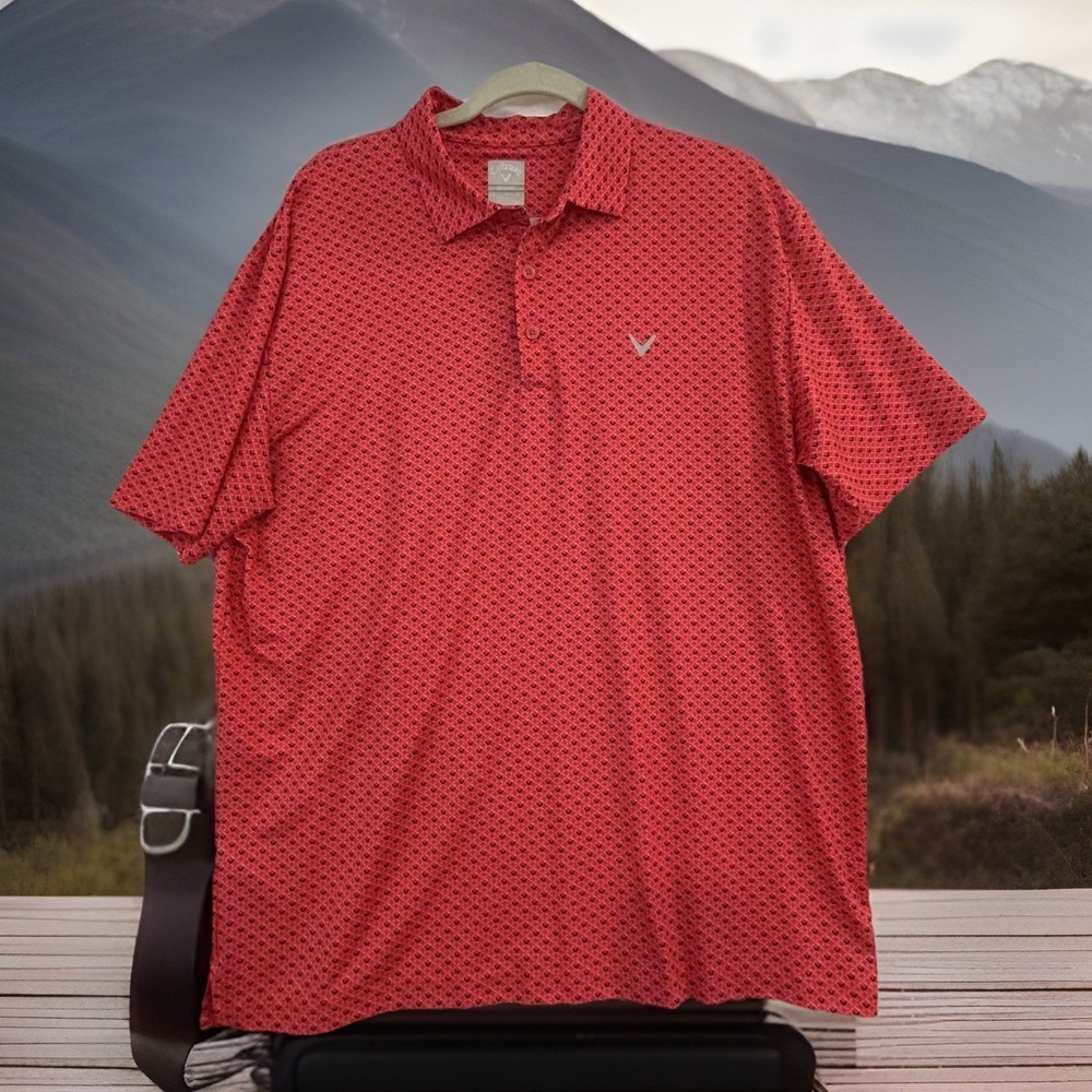 Callaway Polo Shirt Mens Large Red Opti-Dri Geometric Golf Stretch Short Sleeve